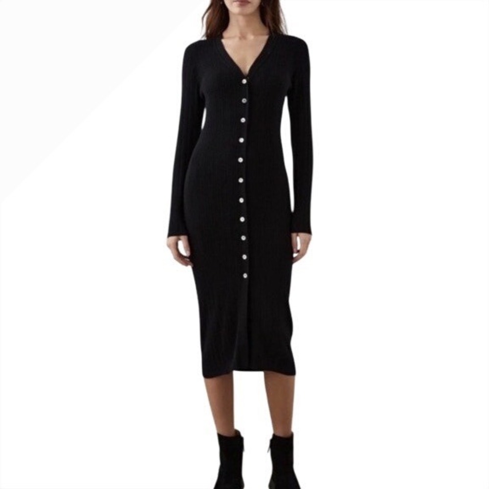 Sugarlips stylish Black‎ ribbed knit bodycon button-down Long Sleeve Dress - Picture 4 of 7